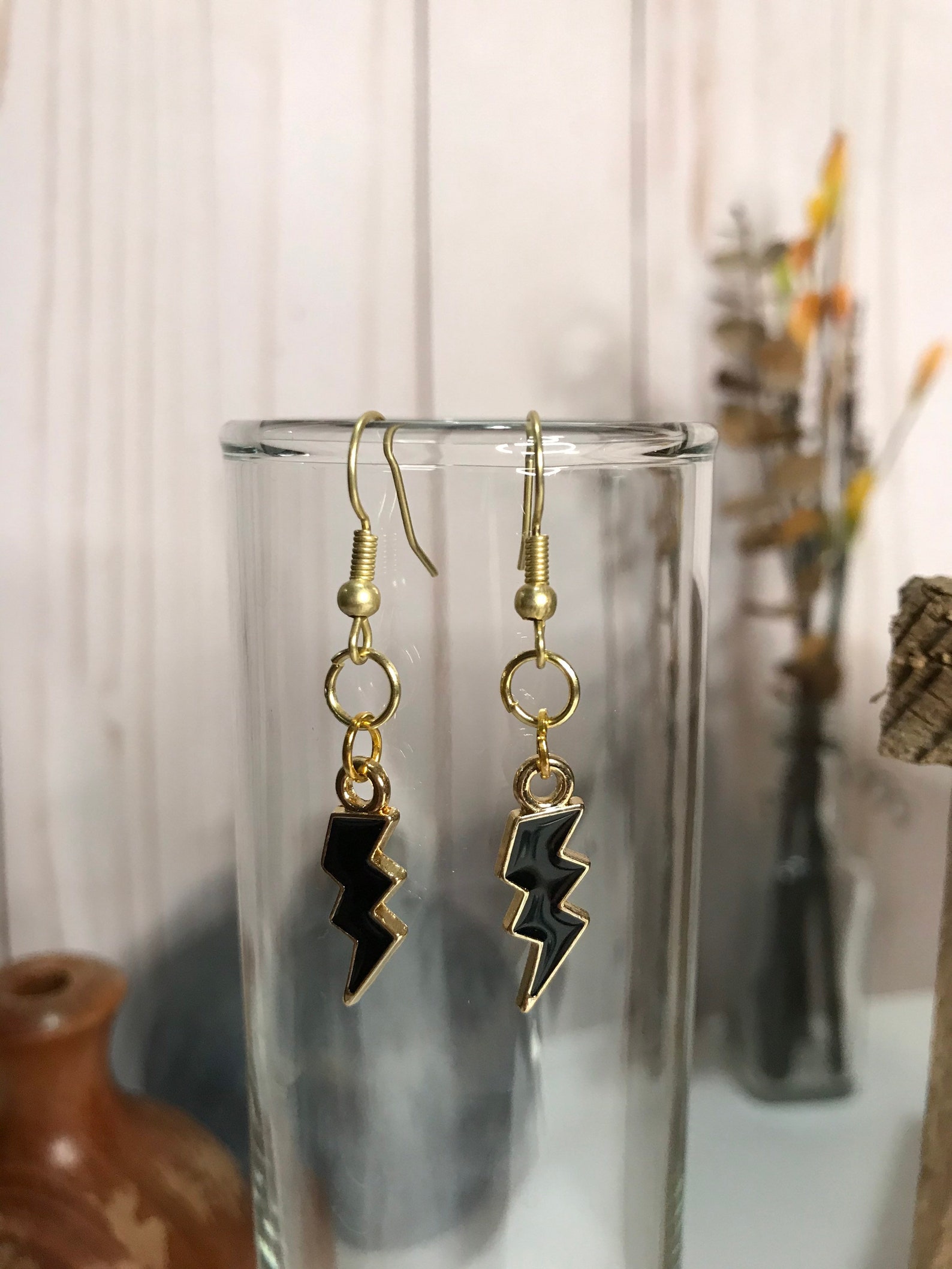 Black Lightning Bolt Earrings Etsy