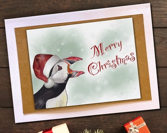 Puffin Christmas Card - Blank inside - Festive - Original Art Design