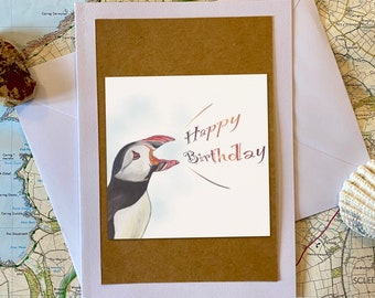 Puffin Greeting Card - Happy Birthday - Water Colour Print