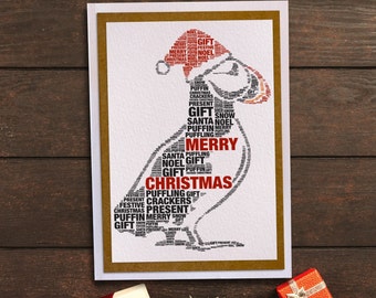 Puffin Christmas Card - Word Art - Greeting Card - Personalised Custom Gift