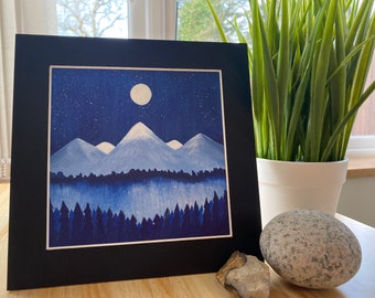 Moon and Mountains Watercolour - Original Art - Print - Contemporary Wall Decor - Night Scene