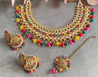 Asian Indian Pakistani Bollywood Multicolour Necklace Earrings Set, Bridal Party Desi Jewellery set, Tikka Earring set, mehndi necklace set