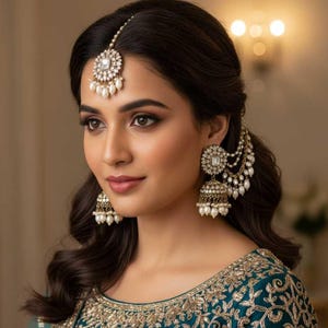 May include: A woman wearing a teal and gold embroidered dress, a matching headpiece, and ornate earrings. The jewelry features pearls and sparkling accents. The woman has dark hair and is looking to the side.