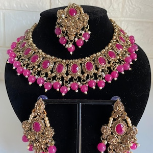 Gold Kundan Halskette Tikka Ohrringe Set | Asiatisch indische Braut Schmuck Set | Pakistanische Hochzeit Halsketten-Set | Desi Schmuck