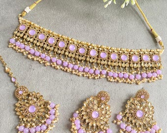 Asian Indian Necklace Choker Tikka and Earrings | Kundan Jewellery | Desi Wedding Jewellery Set | Pakistani Bridal Necklace Tikka Earrings