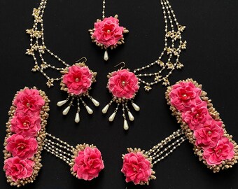 Artificial Flower Mehndi Haldi Bridal Jewellery | Asian Indian Bridal Pink Floral Jewellery Set | Traditional Pakistani Dholki Jewellery