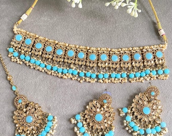 Necklace Choker Tikka and Earrings | Asian Indian Bridal Kundan Necklace Set | Traditional Indian Jewellery Set