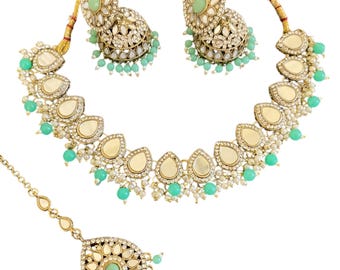 Mint Green Asian Necklace Set | Indian Pakistani Bridal Jhumka Tikka Set | Asian Wedding Jewellery Set