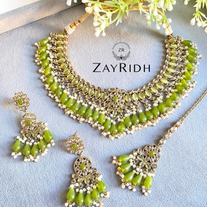 Asian Indian Lime Green Necklace Set | Indian Necklace Jewellery Set | Mehndi Haldi Jewellery Set | Traditional Indian Wedding Jewellery