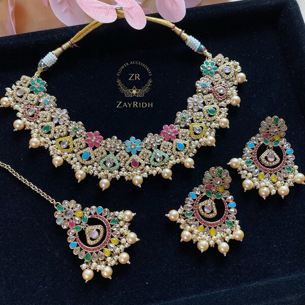 Asian Indian Pakistani Bollywood Multicolour Necklace Earrings Set, Bridal Party Desi Jewellery set, Tikka Earring set, Kundan Mangtikka Set