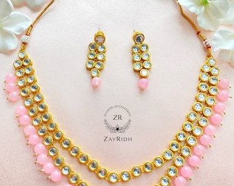 Asian Indian Pakistani Bollywood Pink Necklace Earrings Set,Bridal Party Desi Jewellery set, Tikka Earring set, Kundan Polki Mangtikka Set