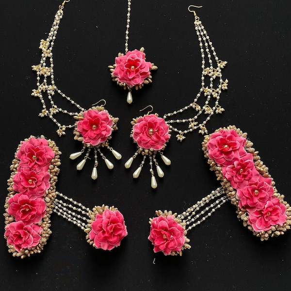 Pink Earring & Tikka Artificial Flower Jewellery Set | Asian Indian Pakistani Mehndi Haldi Bridal Floral Necklace Wristband | Dolki Jewlry
