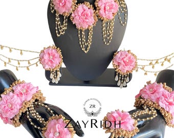 Pink Artificial Flower Jewellery | Mehndi Haldi Floral Necklace Tikka Earrings Set | Asian Indian Bridal Flower Jewellery