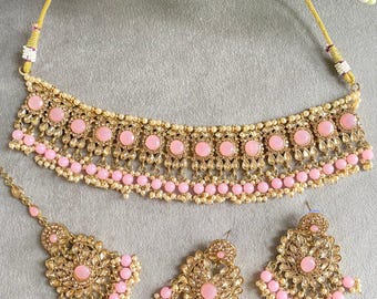 Asian Indian Necklace Choker Tikka and Earrings | Pakistani Kundan Necklace Tikka Earrings Set | Desi Traditional Indian Jewellery Set