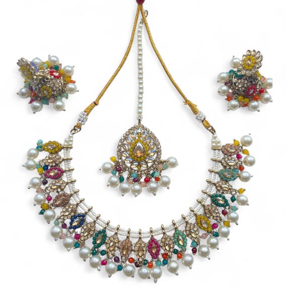 Multicolour Kundan Polki Jewellery | Indian Bridal Necklace Tikka Earrings | Desi Pakistani Wedding Jhumka Set | Traditional Asian Jewlry