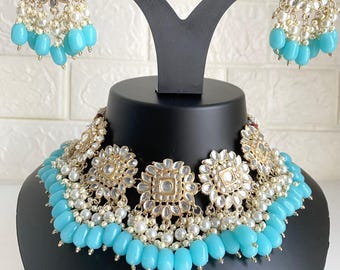 Conjunto de collar y pendientes de color azul claro / Joyas de novia indias asiáticas Desi / Conjunto de joyas tradicionales Kundan en azul y dorado