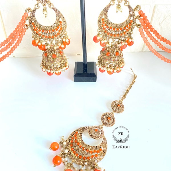 Traditional Indian Asian Pakistani Orange Tikka Earring Set Desi Bridal Bollywood Party Style Mang Tikka Jewellery Set