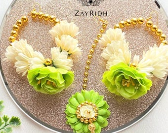 Conjunto de pendientes de flores tikka para novias de la India asiática / Conjunto de joyas de flores para novias Mehndi Haldi / Conjunto de joyas de flores para novias tradicionales paquistaníes