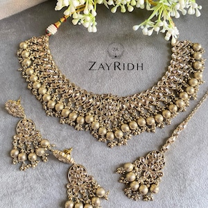 Asian Indian Antique Gold Kundan Necklace Set | Gold Tikka Earrings Set  | Traditional Pakistani Bridal Jewellery