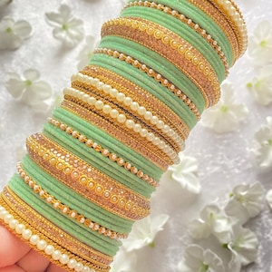 Pair Of Mint Green Asian Indian Bangles Set | Traditional Indian Bridal Bangles Collection | Desi Pakistani Green Bangles Set | Gold Bangle