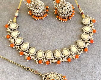 Orange Mirror Necklace Set | Asian Indian Necklace Jewellery Set | Pakistani Jumka Tikka Necklace Set | Kundan Mirror Party Jewellery Set