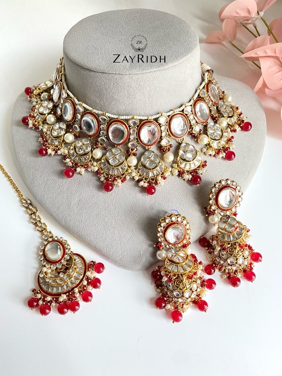 Asian Indian Pakistani Bollywood Pearl Necklace Earrings Set, Bridal Party  Desi Jewellery set, Tikka Earring set, Kundan Polki Mangtikka Set