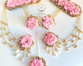 Pink Artificial Flower Jewellery Set - Handmade Bridal Floral Jewelry for Weddings, Mehndi, Haldi, and Special Occasions