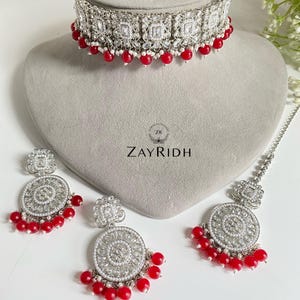 Silver Plated Red Choker Necklace Tikka Earring Set | Traditional Indian Bridal Jewellery | Asian Indian Wedding Jewellery