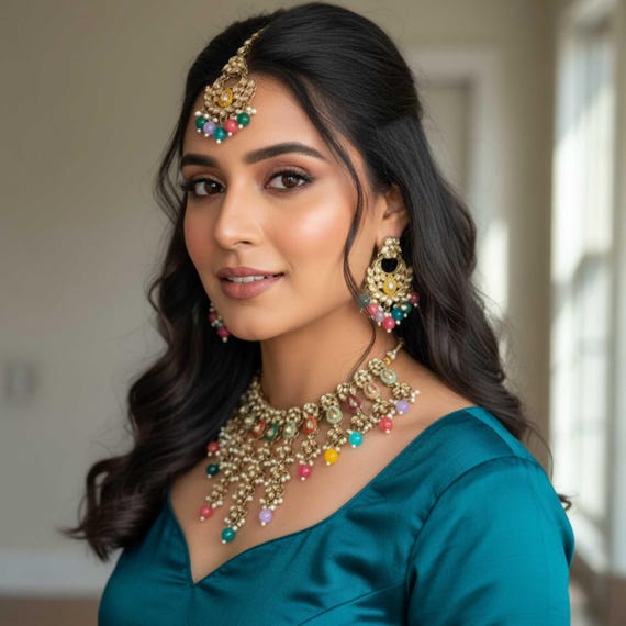 Multicoloured Kundan Necklace Tikka Earrings Set | Desi Bridal Mehndi Jewelry | Indian Pakistani Wedding