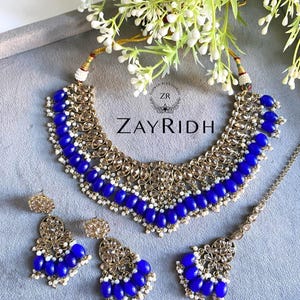 Asian Indian Blue And Gold Necklace Set | Traditional Desi Kundan Jewellery Set | Pakistani Bridal Blue Tikka Earrings And Necklace Set