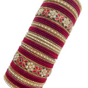 Pair Of Maroon Indian Bangles Set | Chura Churiya Set | Traditional Indian Red And Gold Bangles Set | Pakistani Bridal Kangan Set