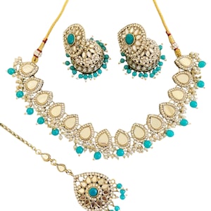 Blue Kundan Mirror Necklace Set | Traditional Indian Bridal Necklace Tikka Earrings Set | Desi Wedding Jewellery Set