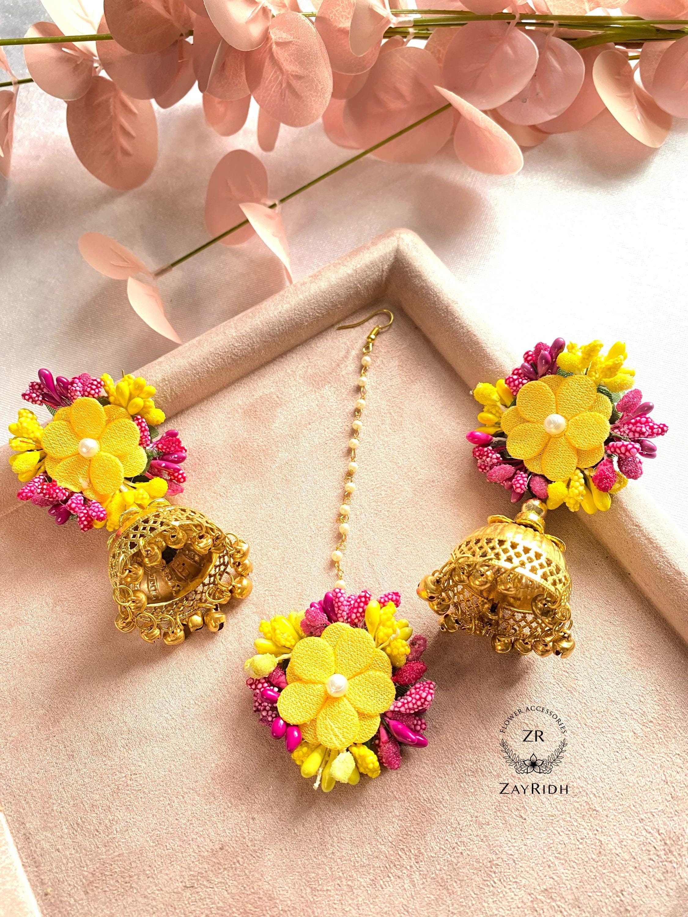 Artificial Flower Jhumka Tikka Earrings Set | Traditional Indian Flower Jewellery Set | Asian Bridal Floral Jewellery | Mehndi Haldi Jewlry