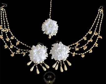 White Artificial Flower Tikka Earrings Set | Mehndi Haldi Flower Bridal Jewellery Set | Indian Floral Jewellery