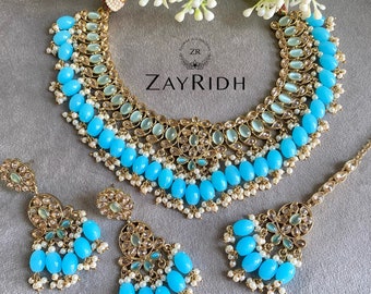 Blue and Gold Indian Necklace Set | Asian Necklace Jewellery set | Pakistani Bridal Tikka earrings Necklace Set | Kundan Jewellery Set