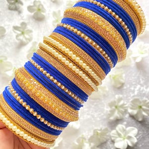 Pair of Royal Blue Bangle Set | Desi Churi Churiya Set | Gold And Blue Bangles Stack | Traditional Indian Bangles Set | Blue Kangan Set