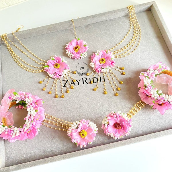 Pink Mehndi Haldi Flower Jewellery | Pink Artificial Flower Necklace Set | Asian Indian Flower Jewellery | Pakistani Bridal Dolki Jewrly