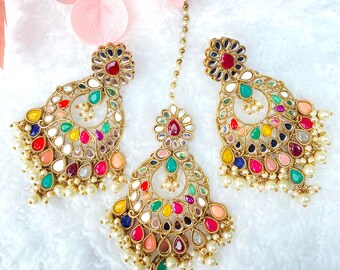 Traditional Indian Asian Pakistani Multi Tikka Earring Set Desi Bridal Bollywood Party Style Mang Tikka Jewellery Set