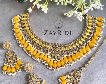 Conjunto de collar indio asiático bañado en oro naranja / Conjunto de collar y pendientes Tikka en oro y naranja / Joyería nupcial pakistaní desi