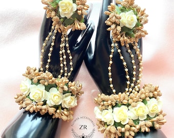 Ivory Artificial Flower Bracelets - Indian Floral Wristbands for Weddings, Mehndi, Haldi, and Special Occasions