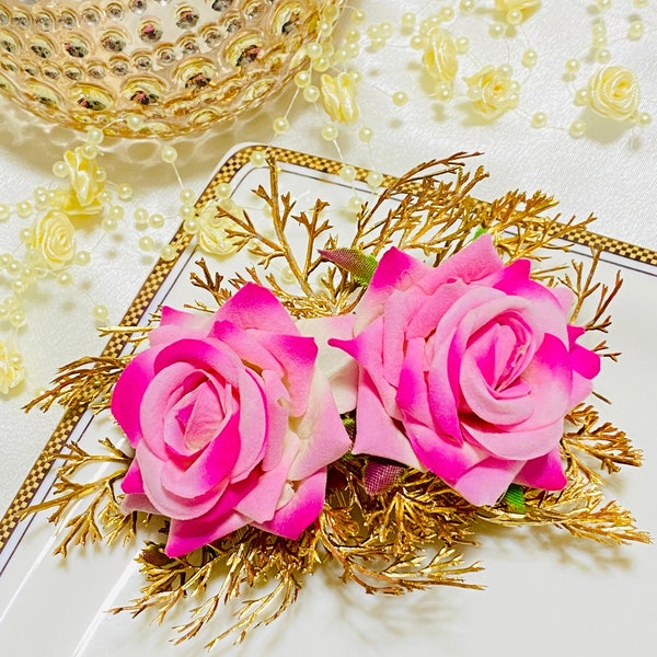 Hot Pink / Gold Bridal Flower Hair Comb, Wedding Hair Accessory, Bridal Floral Comb, Artificial Flower Hair Comb, Bridal Hair Rose Piece