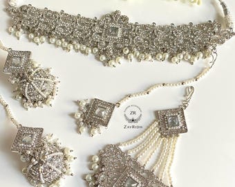 Asian Indian Bridal Choker Necklace Set | Kundan Traditional Tikka Earrings Set | Desi Bridal Jhumka Necklace Set | Pakistani Jewlry
