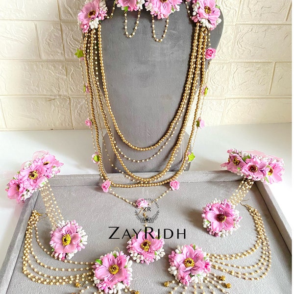 Pink Mehndi Flower Jewellery Set | Pink Artificial Flower Necklace Set | Asian Indian Floral Jewellery Set | Pakistani Dolki Flower Jewlry