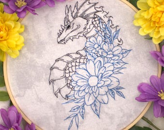 Dragon and Blue Flowers Embroidery 8 inches