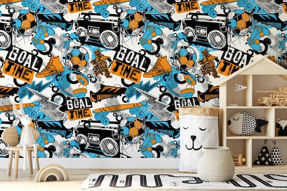 Custom Size Wallpaper - Sport Pattern Soccer Boots Skateboards Sneakers Wallpaper  - Peel and Stick Wall Decal - Self Adhesive or Pre-Pasted