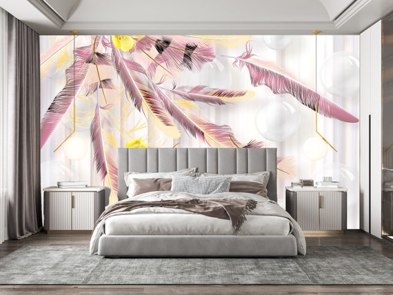 Custom Size Wallpaper - Pink Feather Modern Wallpaper - Peel and Stick Wall Decal - Self Adhesive or Pre-Pasted - Removable Wallpaper