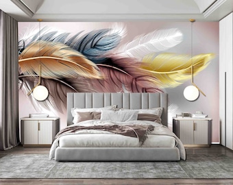 Gold Feather Wallpaper: Hand Painted, Custom Size Peel & Stick
