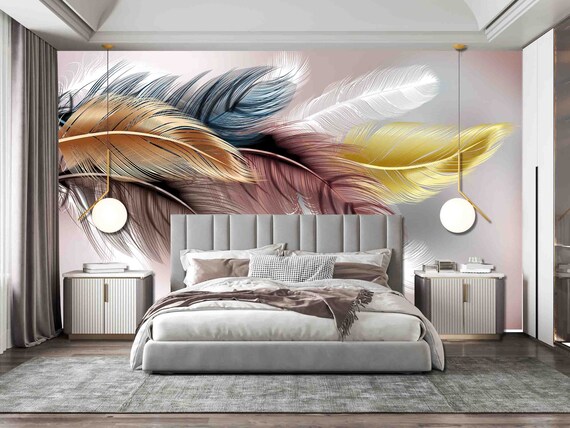 Custom Size Wallpaper - Hand Painted Gold Feather Modern Luxury Wallpaper - Peel and Stick Wall Decal - Self Adhesive or Pre-Pasted