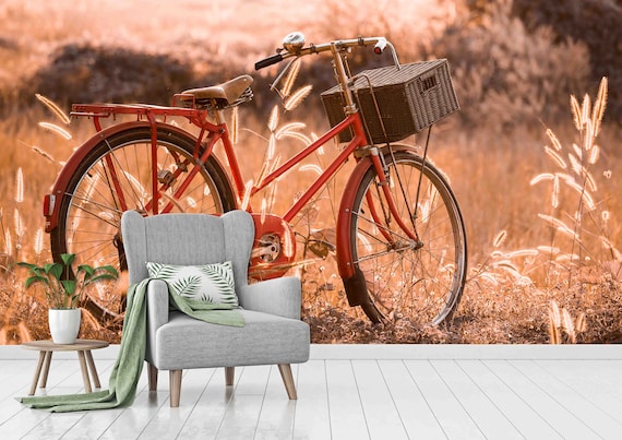 Custom Size Wallpaper - Bicycle at Summer Grass Wallpaper - Peel and Stick Wall Decal - Self Adhesive or Pre-Pasted - Removable Wallpaper