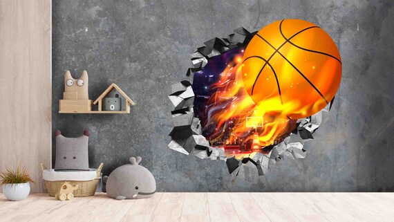 Custom Size Wallpaper - 3D Wall Flying Fire Basketball Wallpaper - Peel and Stick Wall Decal - Self Adhesive or Pre-Pasted